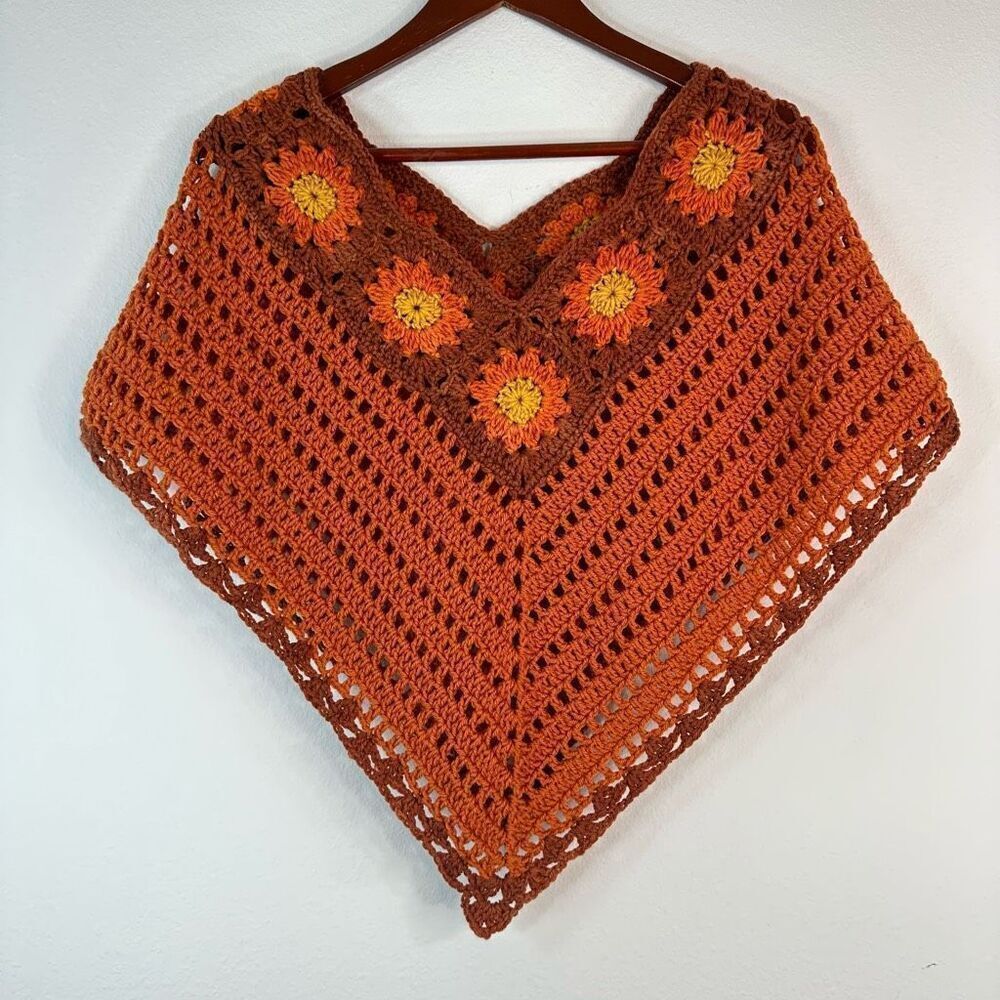 Handmade Retro Floral Crochet Knit Poncho Shrug Sweater Groovy Bold Boho 70's